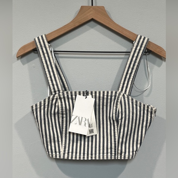 NWT Zara Denim Crop Top Size Small White Blue Striped Side Zipper‎ Square Neck - Picture 1 of 12